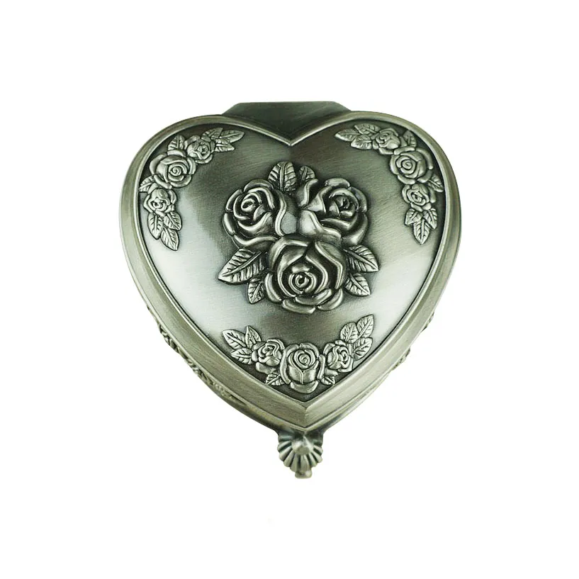 Rose Decor Heart Trinket Box Antique Silver Metal Love Jewellery Storage Keepsake Case for Treasure Ring Earrings Vintage Wedding Gifts