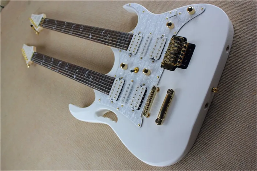 Guitare électrique à 6 cordes à corps blanc à double cou avec pont de trémolo, matériel doré, pickguard en perle blanche, peut être personnalisé