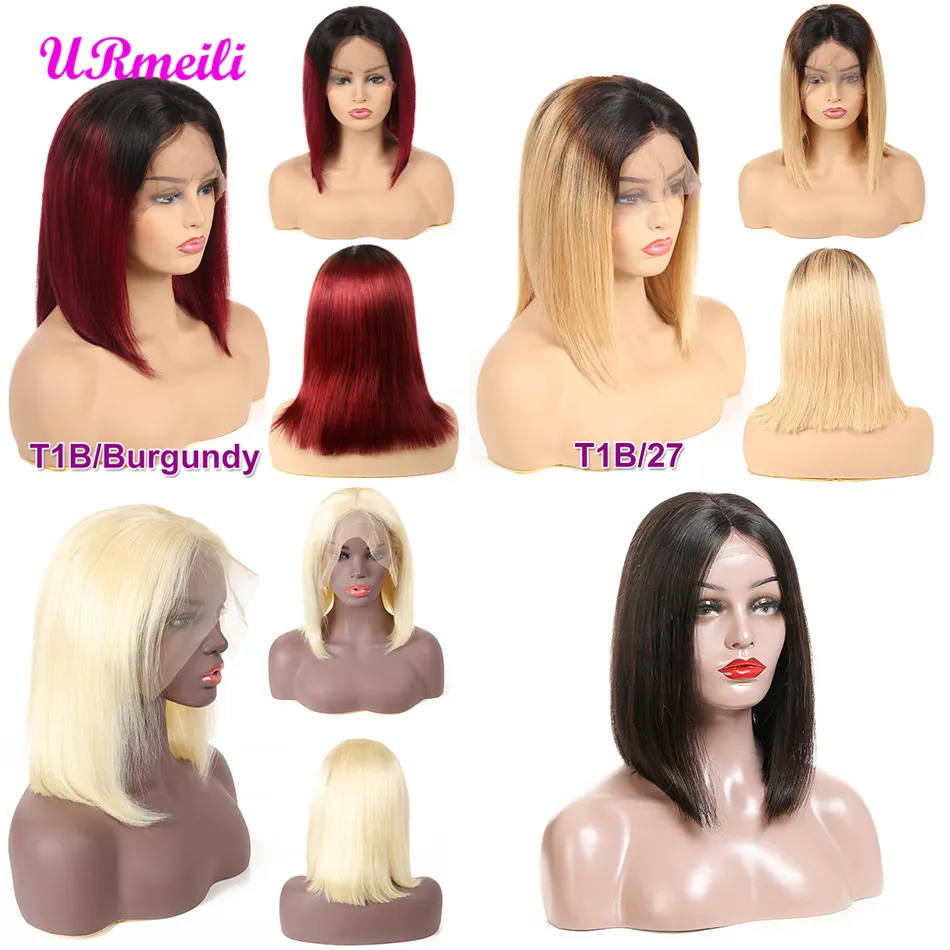 Dianteira do laço Perucas de Cabelo Humano Ombre Cabelo Humano Curto Bob Perucas Para As Mulheres Negras 13X4 Reta Frente Peruca Dianteira Do Cabelo Remy Brasileiro