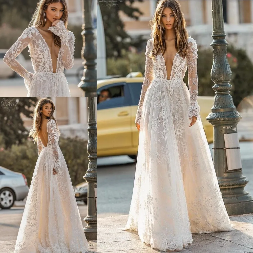 Berta 2019 Wedding Dresses Athens Bridal Collection Sexy V-neck Full length Lace Applique 3D Floral Long Sleeve Backless Wedding Gown
