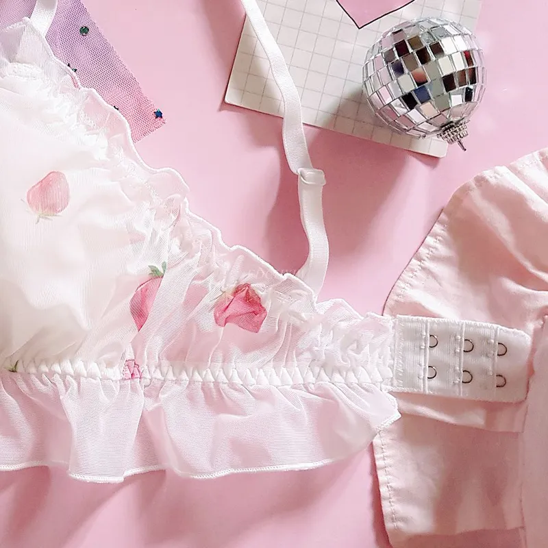 Sweet Lolita Style Women Cute Strawberry Print Bra Panties Lingerie Set  Japanese Girl Kawaii Soft Underwear