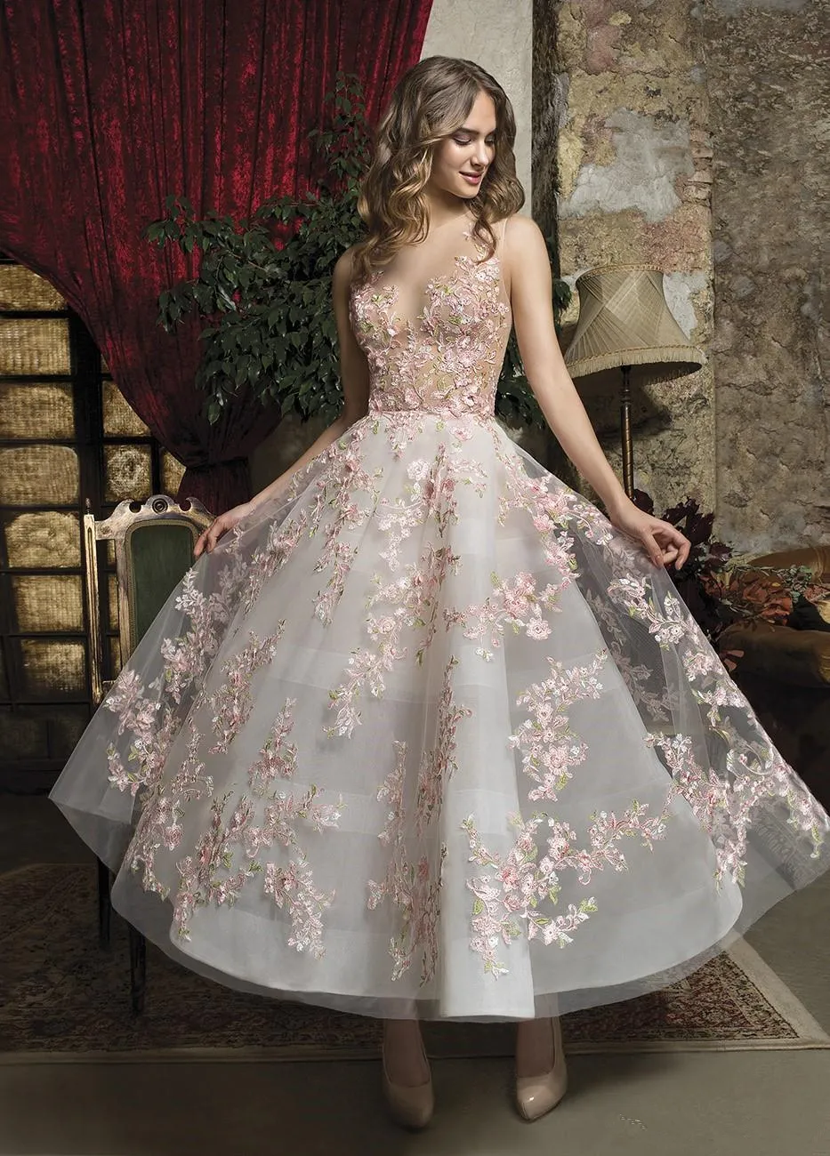 Pink Floral Lace Applique Pink Floral Prom Dress With Sheer Neckline And  Ankle Length Skirt Perfect For Formal Wear, Evening Gowns, Girls Homecoming  And Abendkleider From Greatvip, $127.22