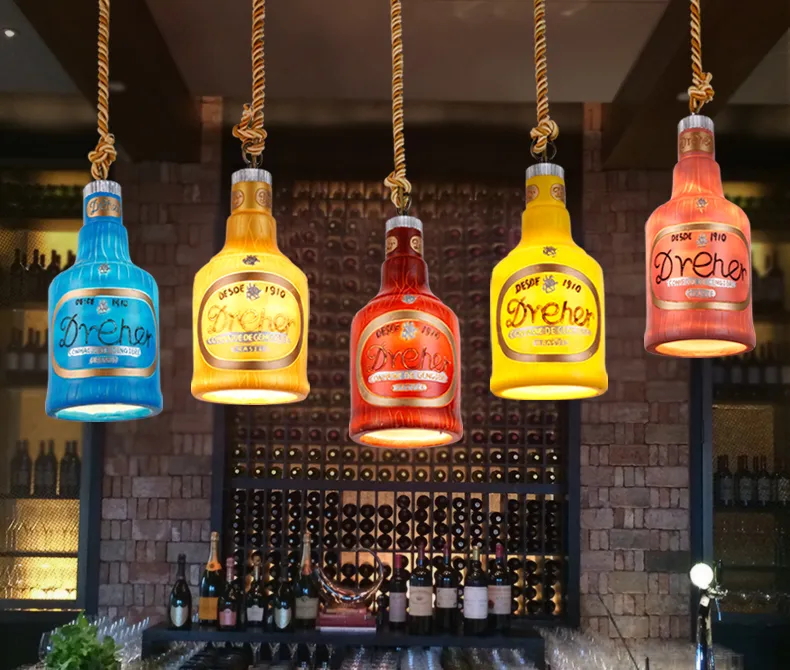 Creative bar bar chandeliers shop restaurant lounge personalized single retro wine bottle single head decorative lamps