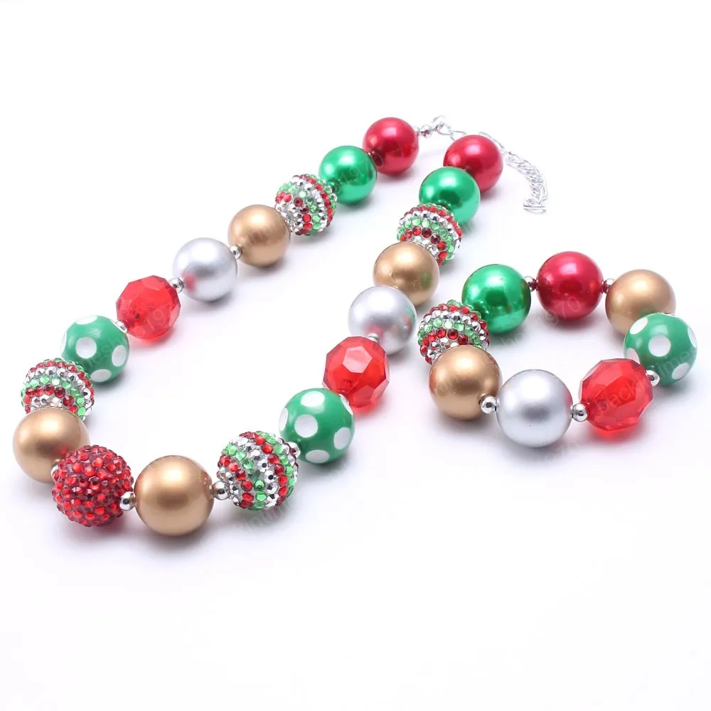 Kerstmis Kids Meisjes Chunky Kralen Ketting Armband Set Mode Baby Kinderen Festival Chunky Bubblegum Sieraden Set