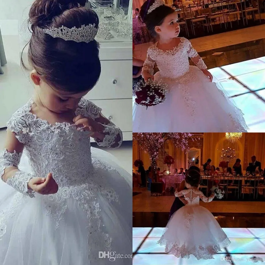 Cute New Cheap Flower Girls Dresses Weddings Jewel Neck Lace Appliques Beaded Long Sleeves Princess Birthday Children Girl Pageant Gowns