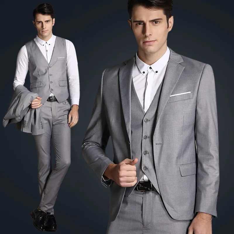 Brand New Grey Groom Tuxedos Notch Lapel Groomsman Wedding 3 Piece Suit Excellent Men Business Jacket Blazer(Jacket+Pants+Tie+Vest) 2661