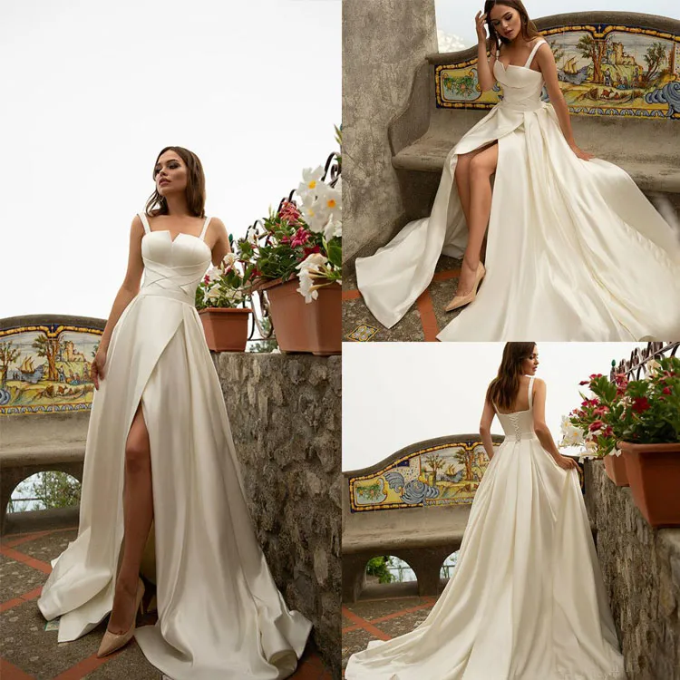 2020 Satin Une Ligne Robes De Mariée Sexy Spaghetti Haute Split Boho Robes De Mariée Balayage Train Plage Simple Robe De Mariée robe de mariée