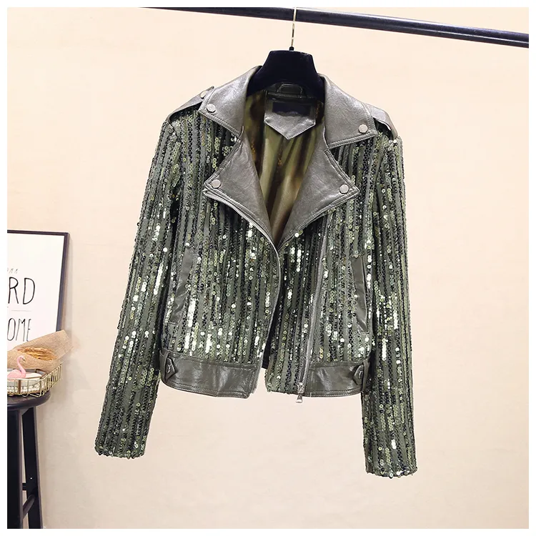 New fashion women''s long sleeve turn down collar PU leather patched paillette shinny bling luxury short jacket coat S M L XL