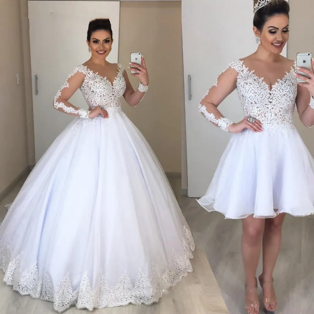 Abito da ballo in due pezzi Abiti da sposa con gonna staccabile 2 in 1 Maniche lunghe Scollo a V Abiti da sposa in pizzo Abiti da sposa robe de mariee