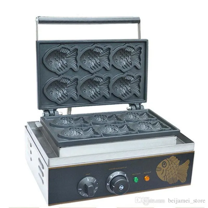 BEIJAMEI Elettrico 6 pezzi Macchina per waffle di pesce piccolo 110V 220V Taiyaki Maker Macchina per fare torte di pesce commerciale
