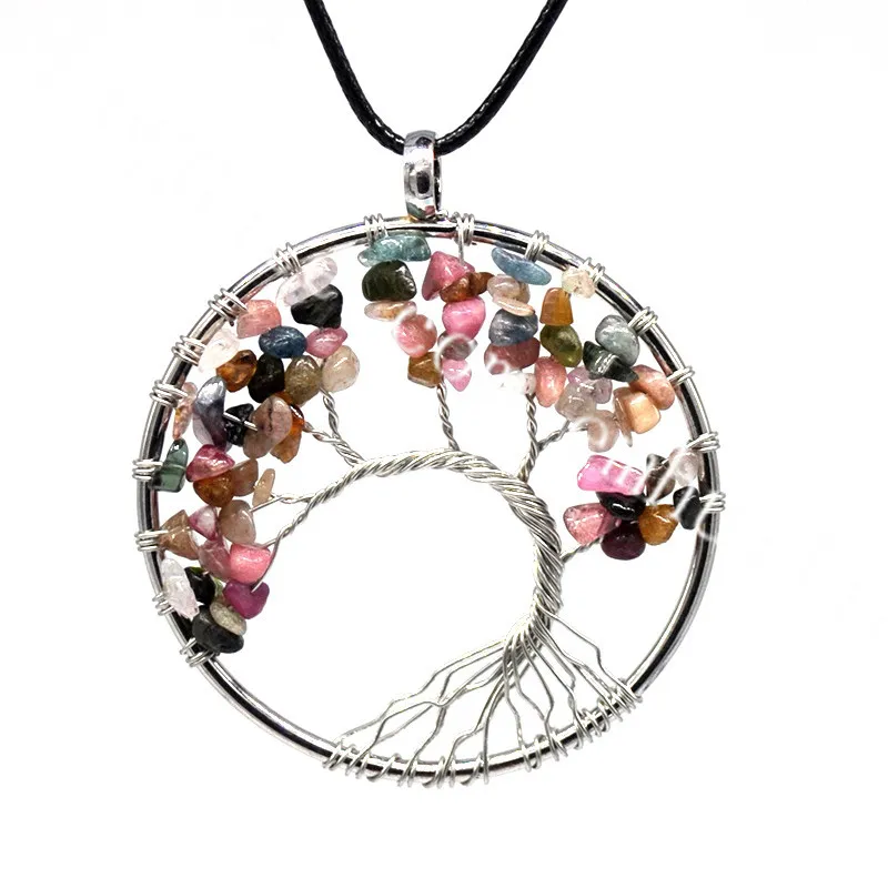 10Pcs Multicolored Natural Tourmaline Gemstone Tree of Life Pendant Necklace Handmade October Birthstone Family Tree Jewelry Weeping Willow