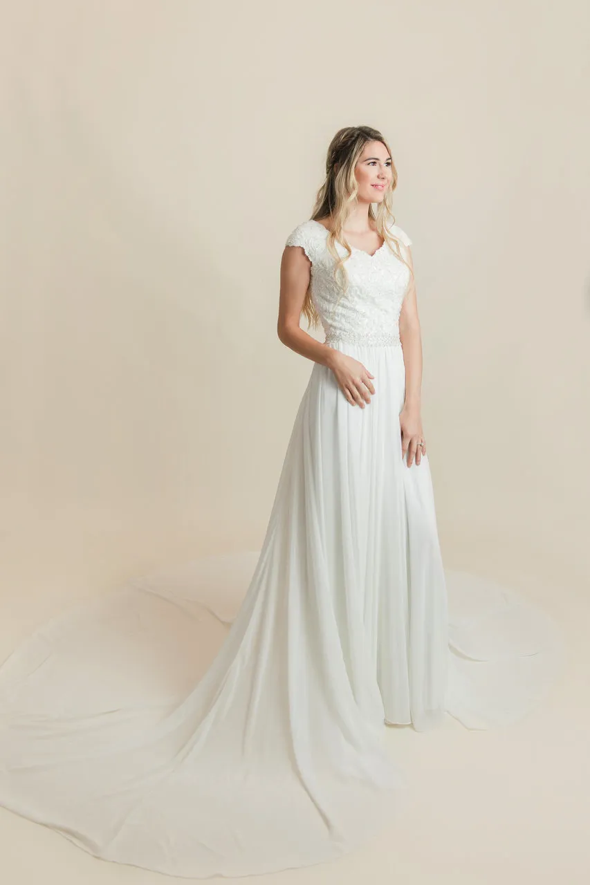 Custom-made Lace A-Line White rehearsal dinner dress with Beaded Appliques, Cap Sleeves, V-Neck, and Open Back - Modest and Informal LDS Bridal Gown