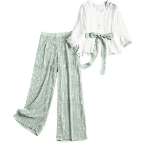 [Column] 2020 Spring European Jacquard Chiffon Suit Pants Female V-neck Shirt Suspenders Wide Leg Pants Three-piece 14022