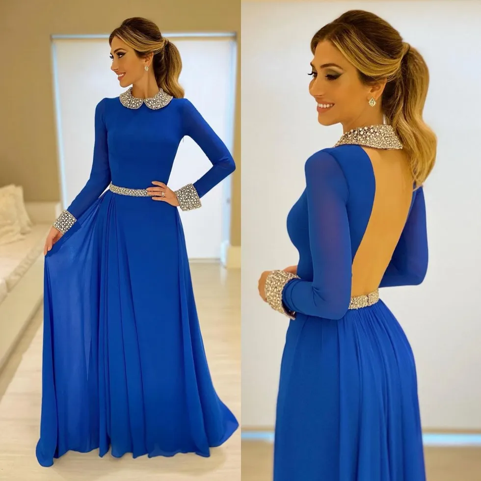 Modest Blue Beaded Evening Dresses High Neck Long Sleeves Backless Prom Gowns Floor Length Chiffon Plus Size Formal Dress