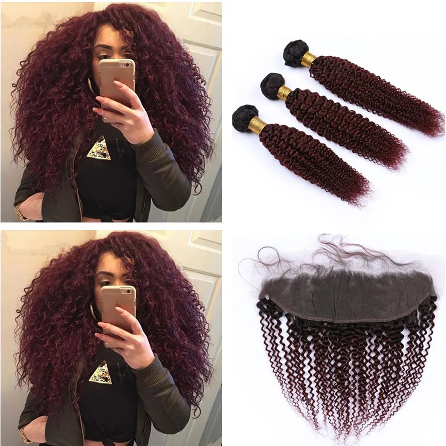 Borgonha Ombre Encaracolado Kinky Pacotes Tecer Cabelo Peruano 3 Pcs com Fechamento Frontal 4 Pcs Lote # 1B / 99J Vinho Tinto Ombre Encaracolado Cabelo Humano Tramas