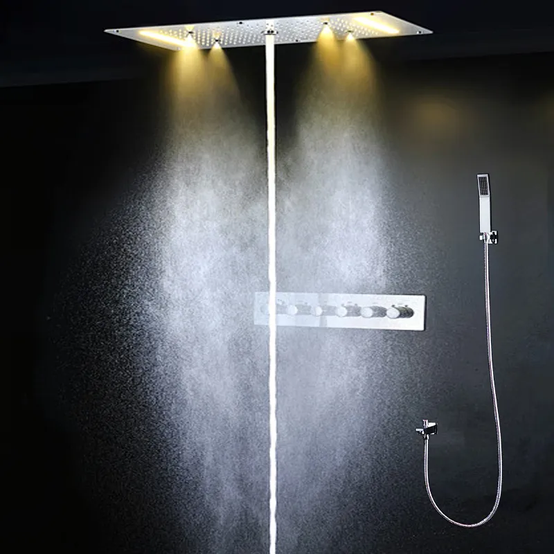 Łazienka LED Płynek prysznicowy Panel Mgła Spray Rainfall Wodospad Głowica prysznicowa Zestaw termostatycznych baterii prysznicowe 380x700mm