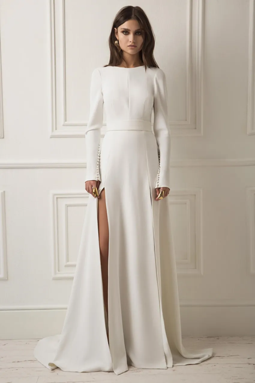 Dream Lihi Hod Country Wedding Dresses Backless Sweep Train Simple Long Sleeve Bridal Dress Popular Satin Plus Size Cheap Wedding Gowns 4331