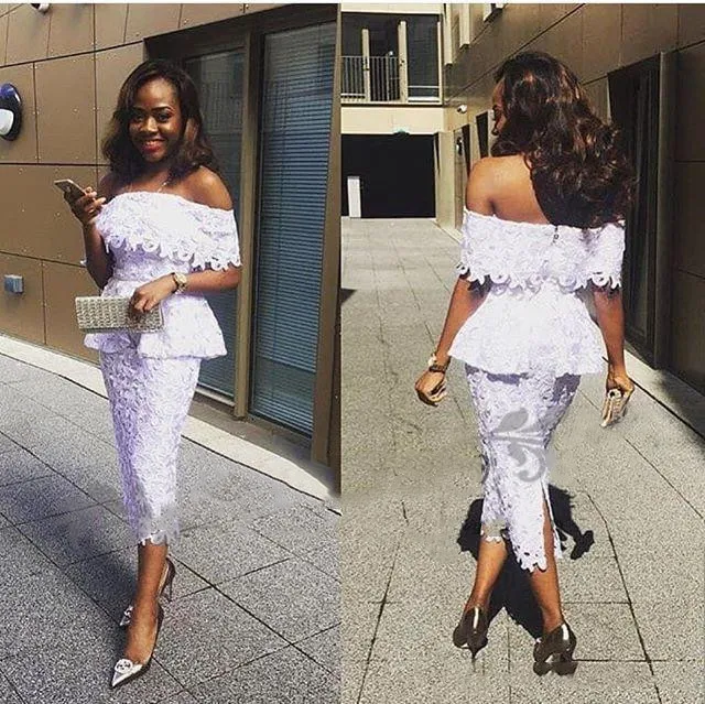 Elegant Nigerian Lace Tea Längd Cocktail Klänningar Skede Bateau Neck Back Split Arabic Short Formal Party Evening Gowns