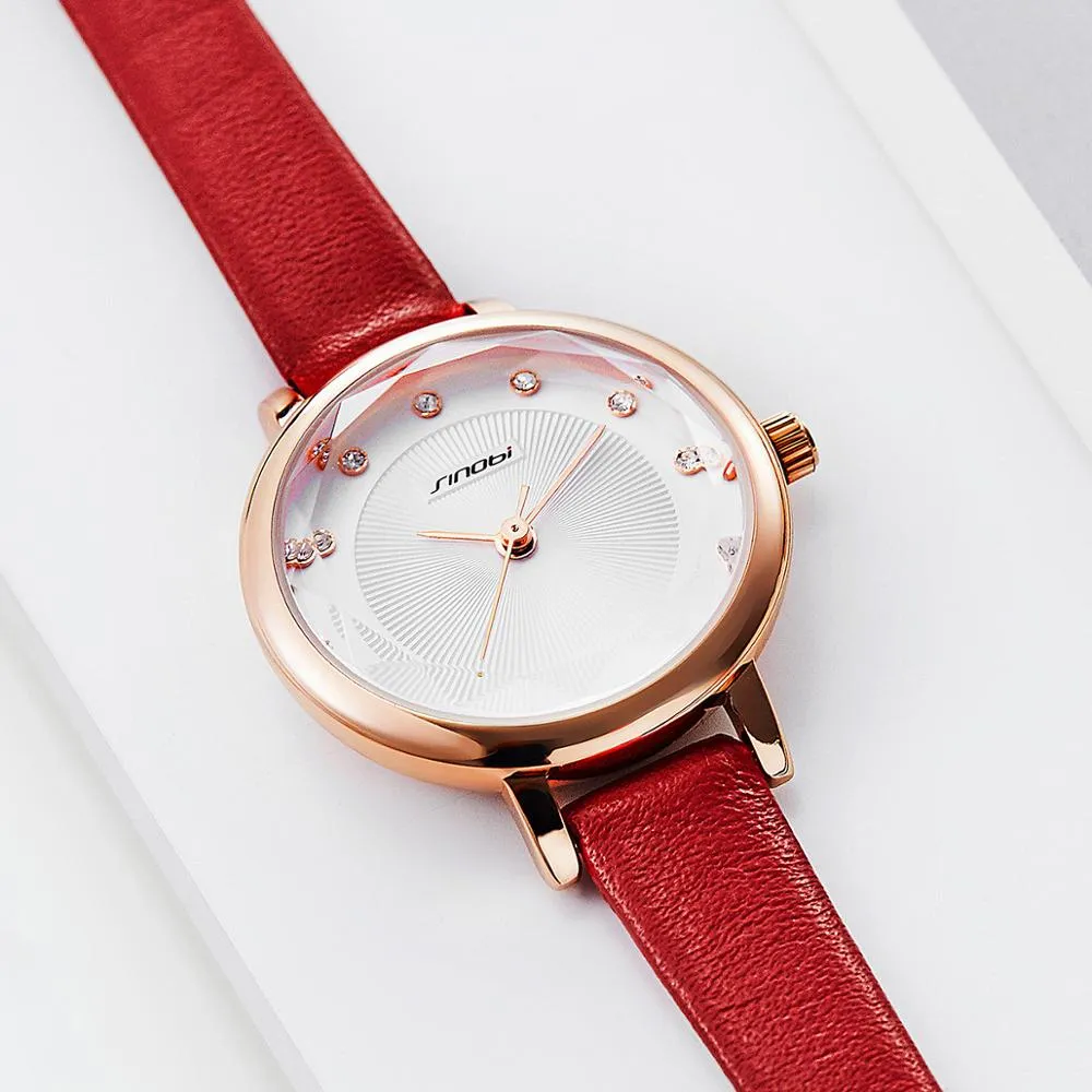 Women Watches Simple Ripple Diamond Dial Small Elegant Ladies Watch Red White Leather Quartz Wristwatch Female