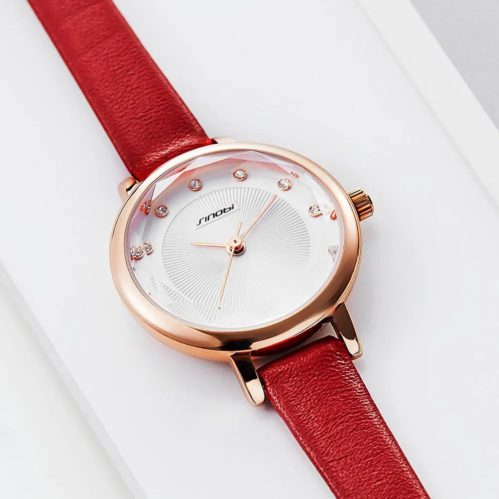 cwp SINOBI Women Watches Simple Ripple Diamond Dial Small Elegant Ladies Watch Red White Leather Quartz Wristwatch Female Gifts