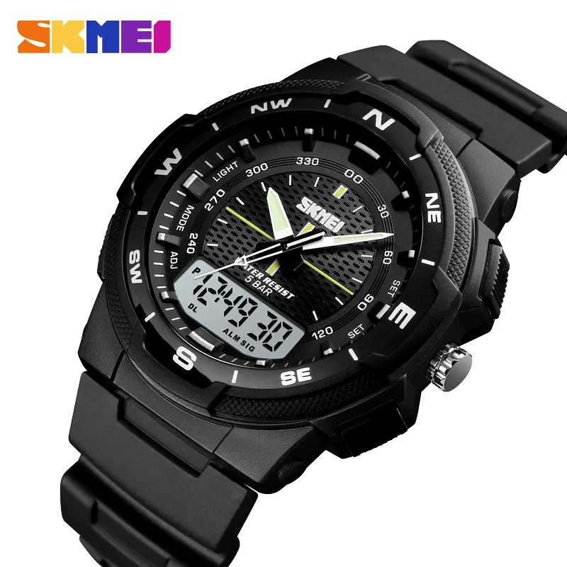 Skmei Men kijken Outdoor Sports Electronic Watch Man Militaire horloges Men Pu Strap Polship Quartz Horloges Double Clock 1454