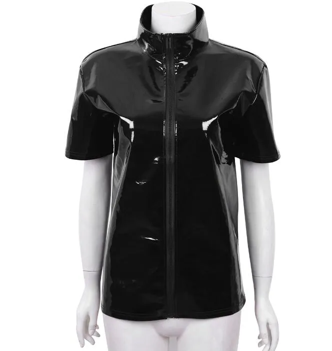 Unisex metallisk nyhet hipster pvc faux läder stå krage kort ärm front zip up t-shirt mode natt klubb toppar