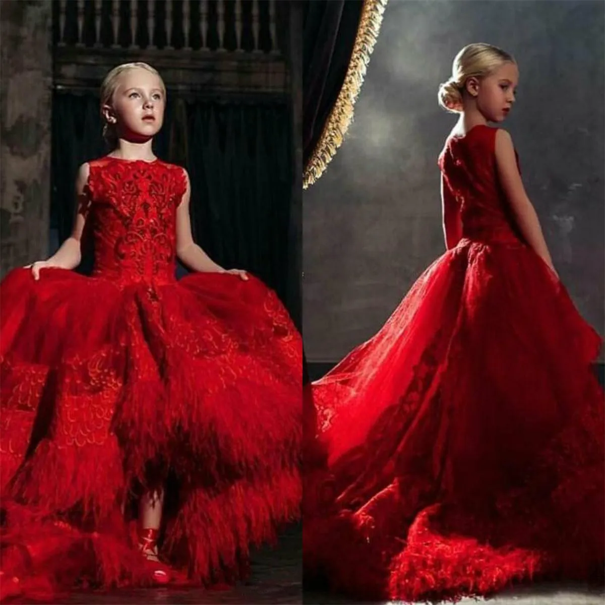 Rote High Low Mädchen Pageant Kleider 3D Blumenapplikationen Spitze Federn Sweep Zug Party Geburtstag Kleider Blumenmädchenkleid für Hochzeiten