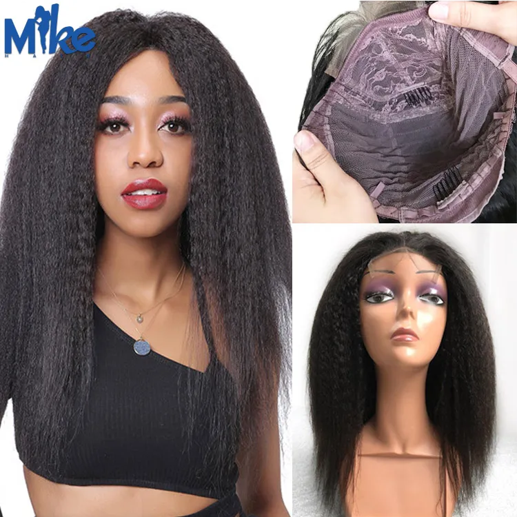 キンキーストレート人間の髪のウィッグ4x4閉鎖ウィッグブラジルのレミーの髪かつら黒人女性150％密度レースウィッグ8-22インチ