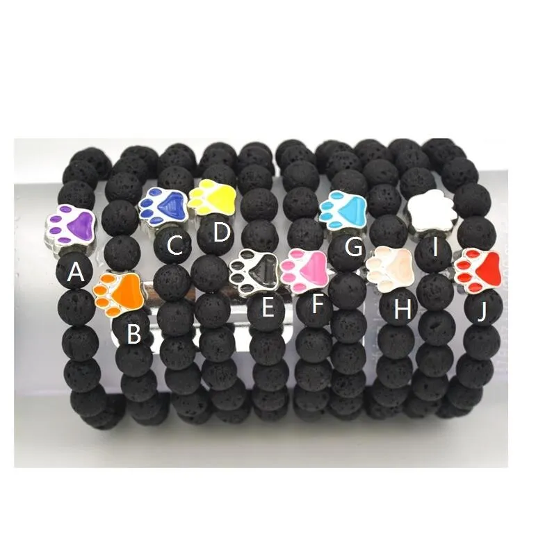 Ny paw charms 8mm svart lava stensträng elastisk armband essentiell oljediffusor armband vulkaniska stenfotavtryck pärlstav handsträngar