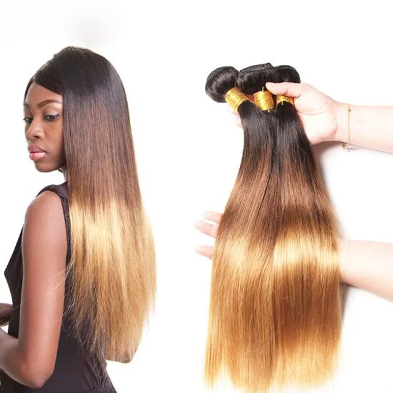 Бразильские прямые волосы # 1B / 4/27 Honey Blonde человеческих волос 3 или 4 Bundle предложения Три тон Ombre волос Weave Связки для женщин
