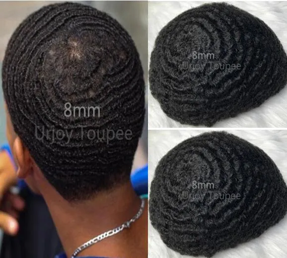 Herren Perücke Haarteile 8mm Afro Wave Haar Toupet Volle Schweizer Spitze Toupet Malaysisches Reines Menschenhaar Ersatz für Schwarze Männer Kostenloser Versand