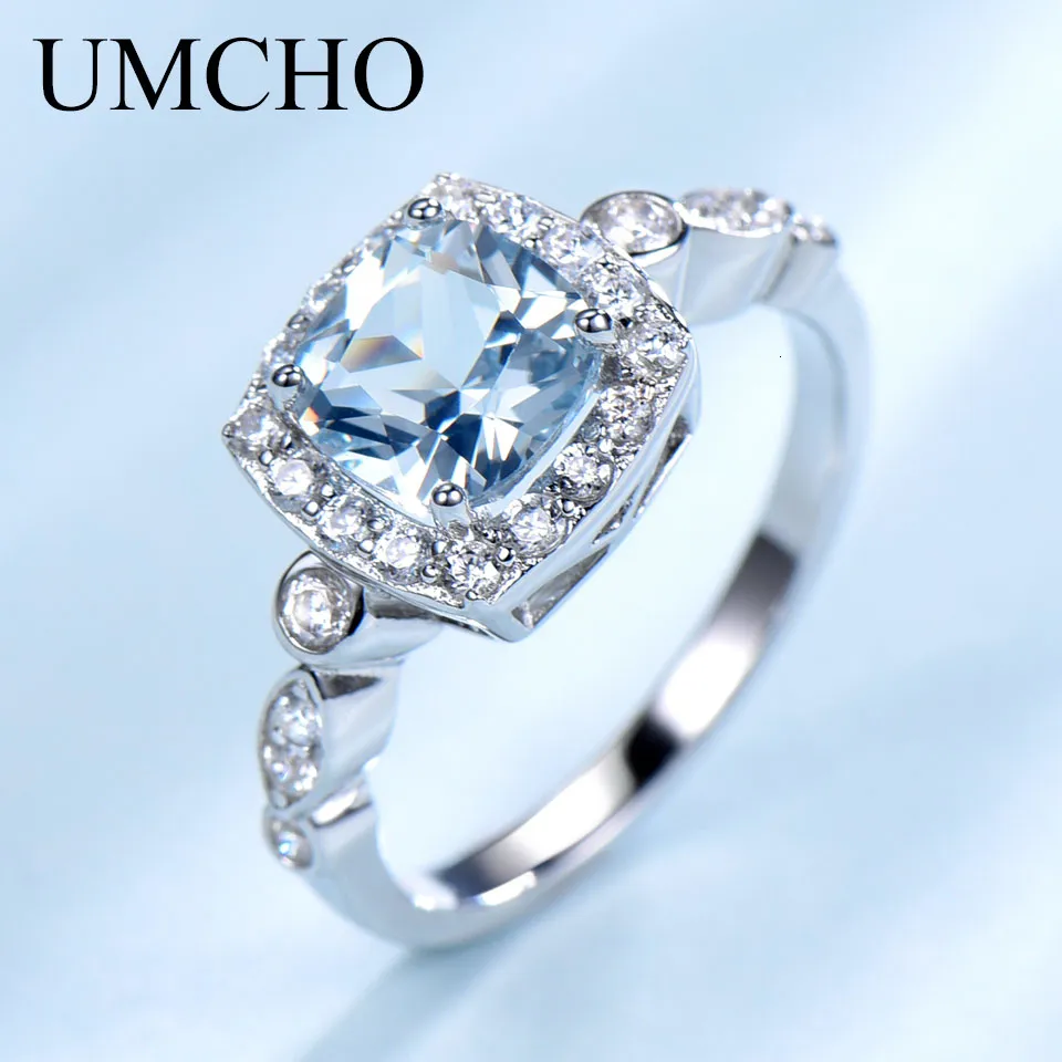 UMCHO Echt S925 Sterling Silber Ringe für Frauen Blauer Topas Ring Edelstein Aquamarin Kissen Romantisches Geschenk Verlobungsschmuck LY191203