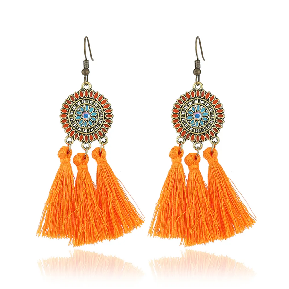 Gros gland boucles d'oreilles femmes rétro fleur diamants lustre oreille goutte orange violet paon bleu franges boucles d'oreilles bohême bijoux