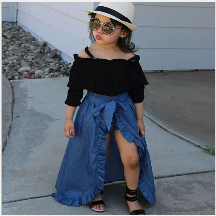 2022 Good Quality 3PCS Sets For Girls Clothing Set Sling Top + Denim Skirt + PP Shorts Baby Boutique Fall Clothes Kids Suits Girl Outfits