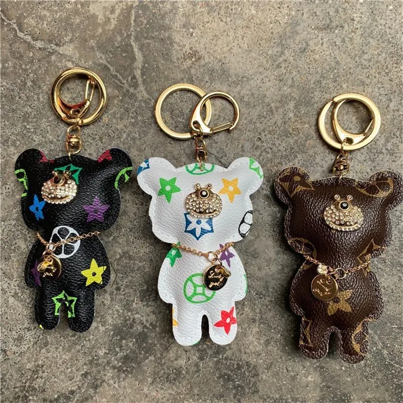 Björn nyckelkedjan tillbehör Fodling Rhinestone Key Ring Pu Leather Bear Mönster bil Keychain smycken Bag Charm Animal Keyring Holder 6 Färger