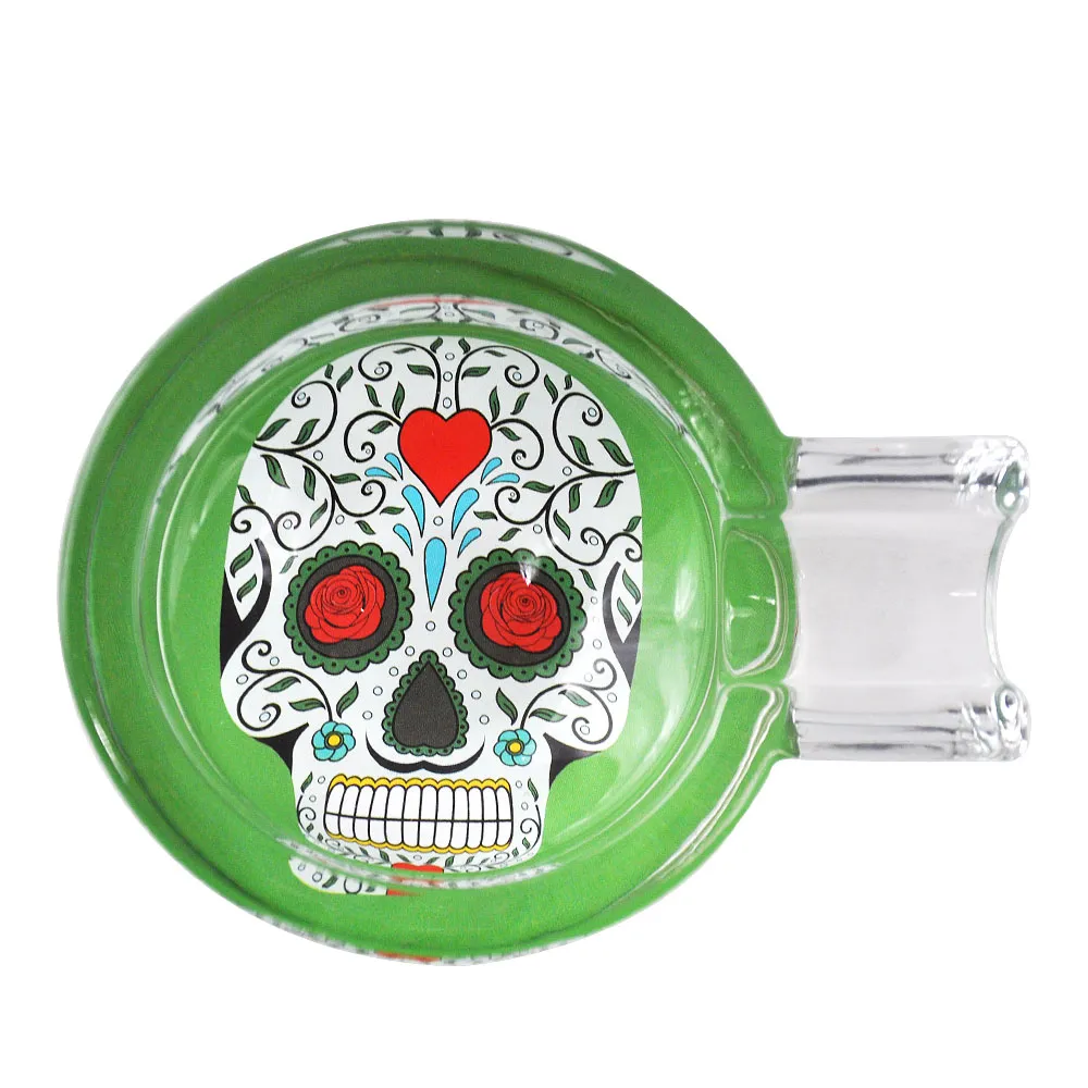 HONRNET Skull Handmade Cigarette Glass Ashtray One Ash Holder 69MM Cigarette Ashtray Day of The Dead Glass Cigar Ashtray Wood Smoking Pipe