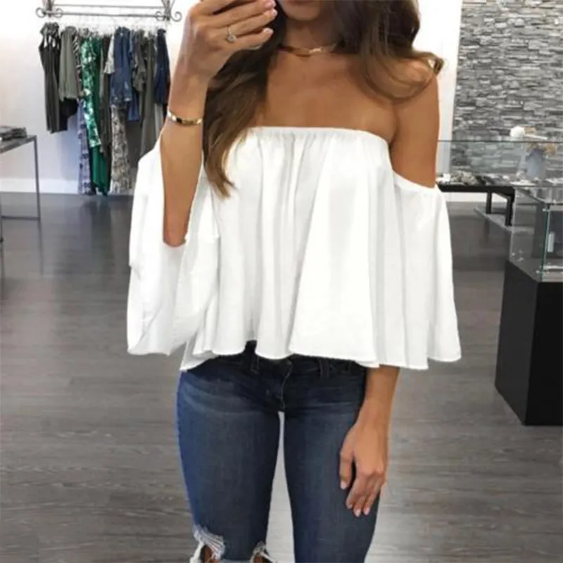 Mode Vrouwen Off Shoulder Top Lange mouw Pullover Casual Blouse Hals Langarm Chiffon Schulter Blouse Mode Nieuw