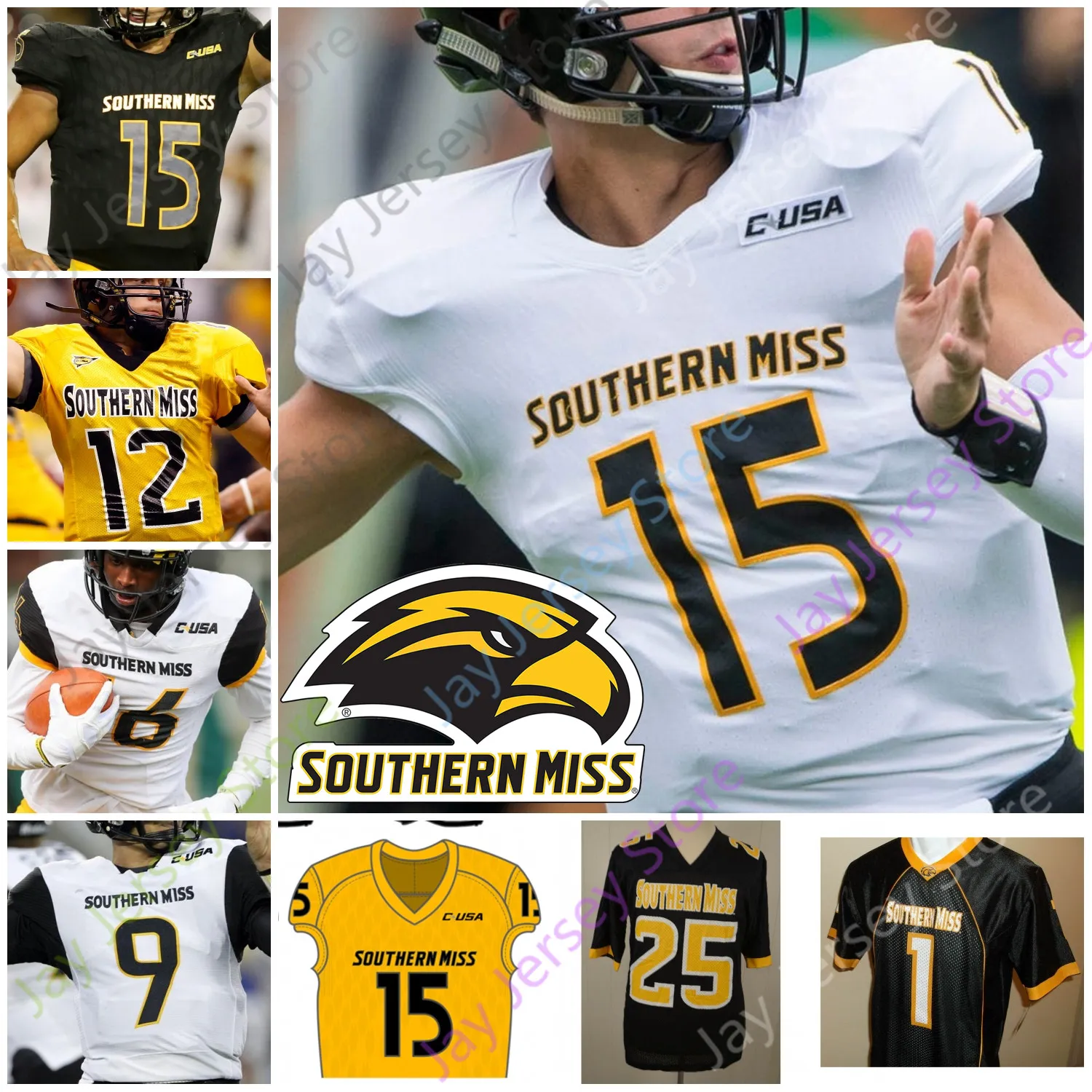 NOUVEAU Maillots de football Maillot de football du sud du Mississippi NCAA College Jack Abraham Kevin Perkins De'Michael Harris Quez Watkins Tim Jones Whittington Turner