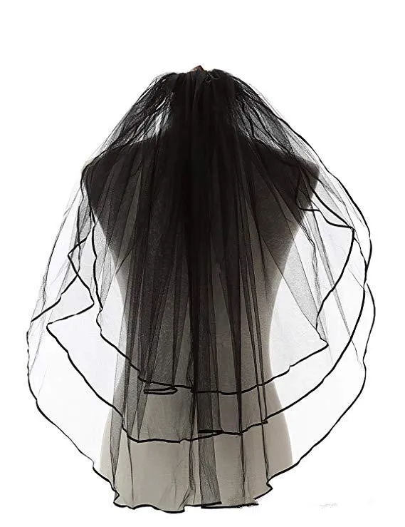Hot Sell Fingertip Length Tre Layer Ribbon Edge Wedding Veil White Black Ivory Bridal Veil