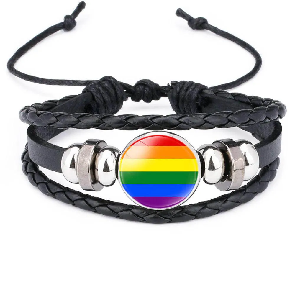 LGBT Gay Pride Leather Bracelet For Women Men Rainbow Glass Cabochon charm Braided rope Wrap Bangle Wristband Fashion Jewelry Gift