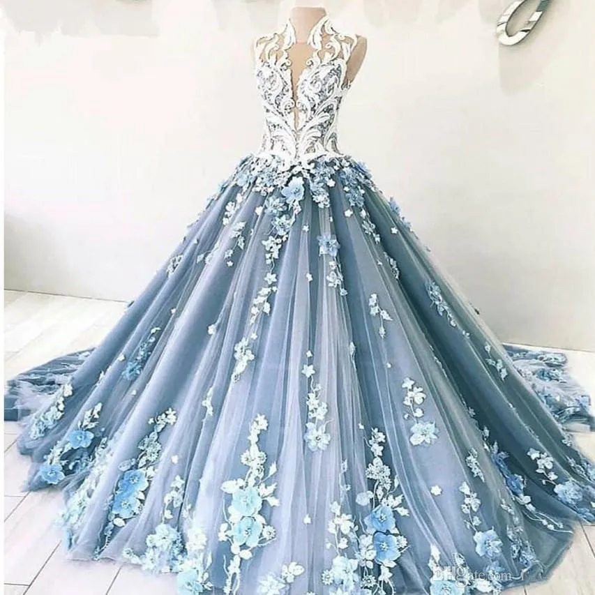 Dusty Blue Quinceanera Dresses 3D Floral Applique Lace High Collar Illusion Tulle Sweep Train Prom Ball Gown Custom Made 2020 Newest 401 401