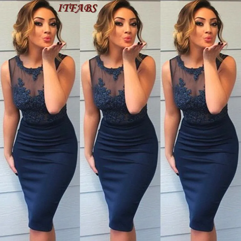 Women Evening Party Wrap Dresses Blue Dress 2019 Lace New Style Package Hip Bodycon Knee-Length Formal Wrap Dresses