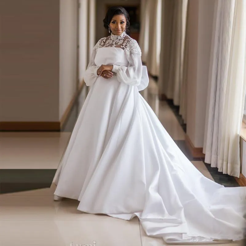 Graceful Plus Size Satin Wedding Dresses Cuello alto Manga acampanada Big Bow Tie África Vestido de Graceful Plus Size Satin Wedding Dresses Cuello alto Manga acampanada Big Bow Tie África Vestido de
