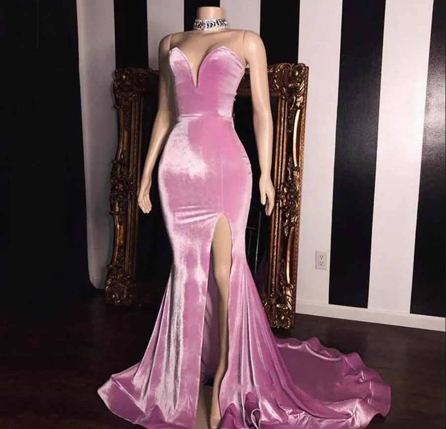 Elegancki Różowy Velvet Sweetheart Prom Dresses 2019 Syrenki Długie Suknie Wieczorowe Z Szczurami Formal Dresses Rats De Soirée Prom Suknie