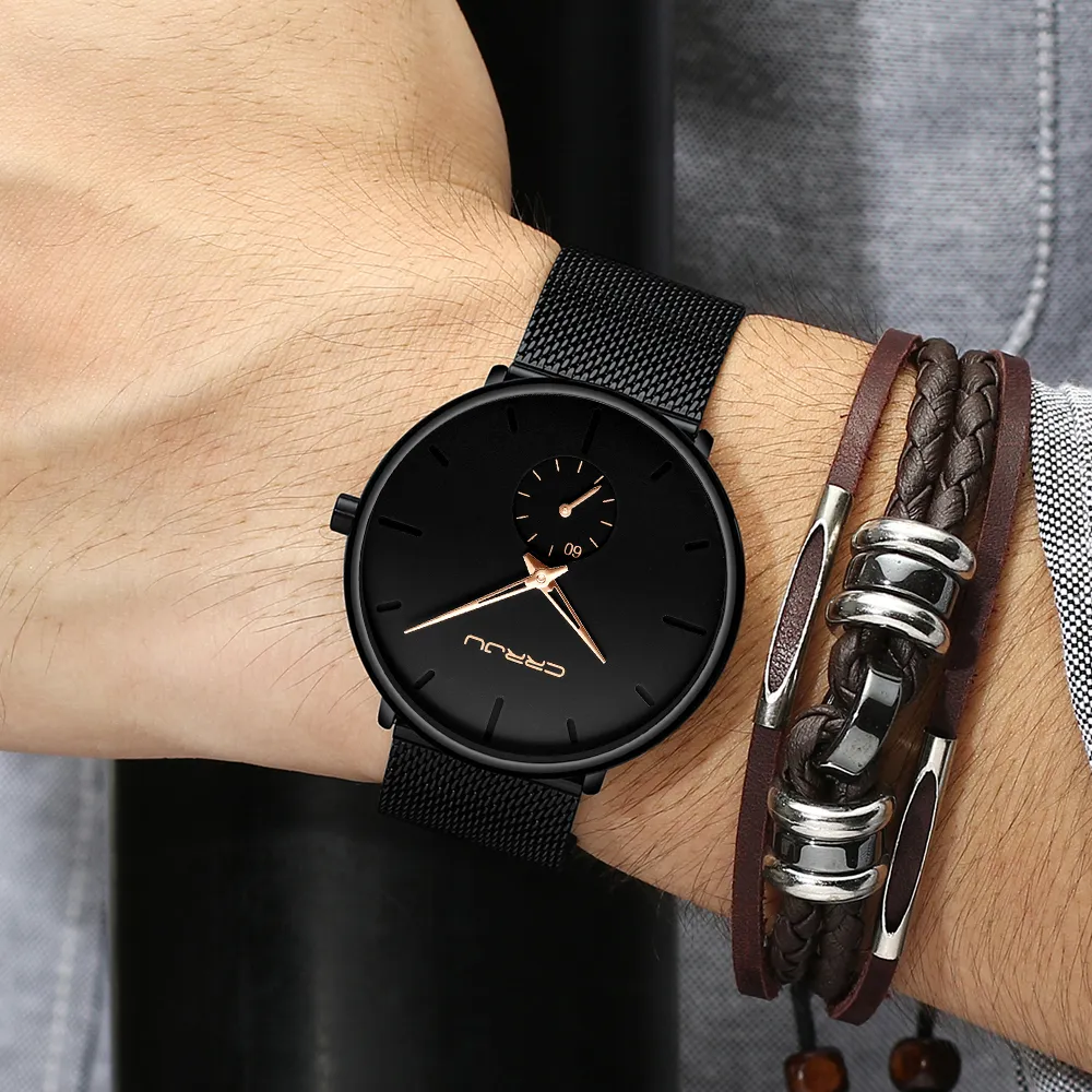 Crrju лучший бренд класса люкс кварцевые мужские повседневные черные японские кварцевые часы из нержавеющей стали ультратонкие мужские часы Relogio New243E