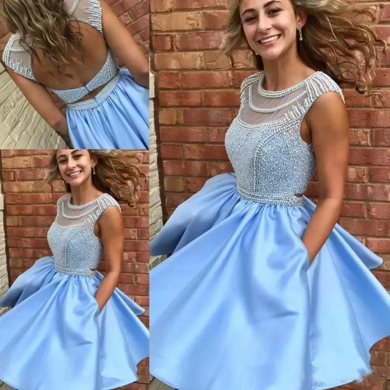 Sky Blue Homecoming Dresses with Pocket Short Prom Dresses A-Line Backless Beads Crystal Pearls Cocktail Party Gowns