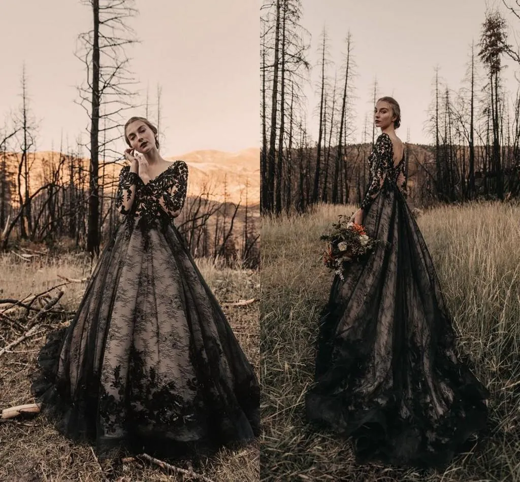 긴 소매 2020 전체 새해 시골 보헤미안 신부 가운 vestido 드 noiva 빈티지 블랙 레이스 고딕 양식의 웨딩 드레스