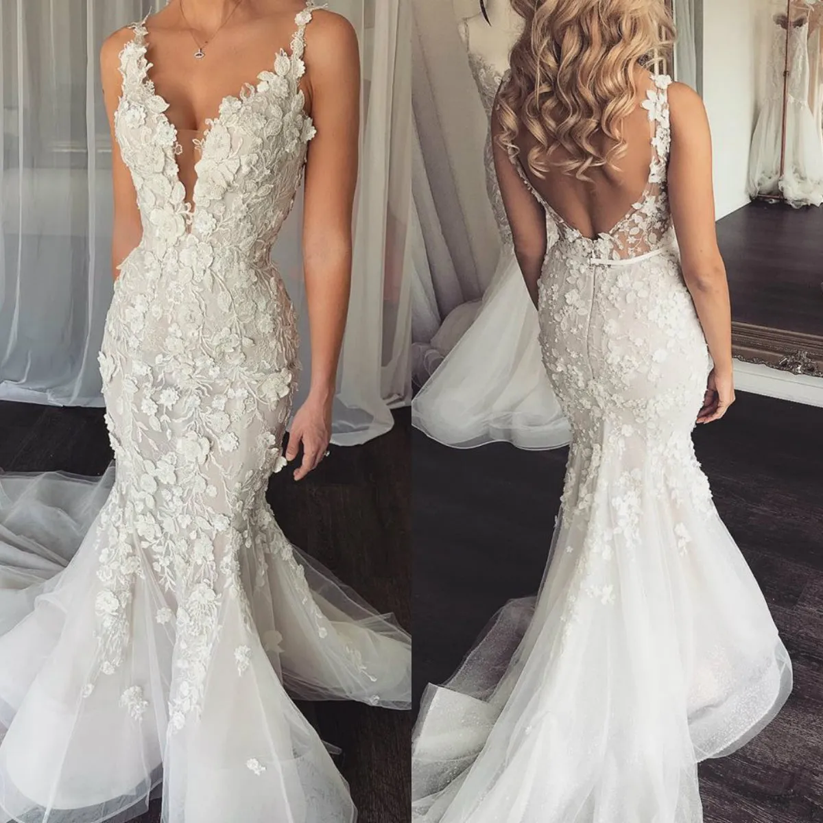 Robes De mariée sirène en Tulle, avec des Appliques florales 3D, Spaghetti, dos nu, avec traîne De balayage