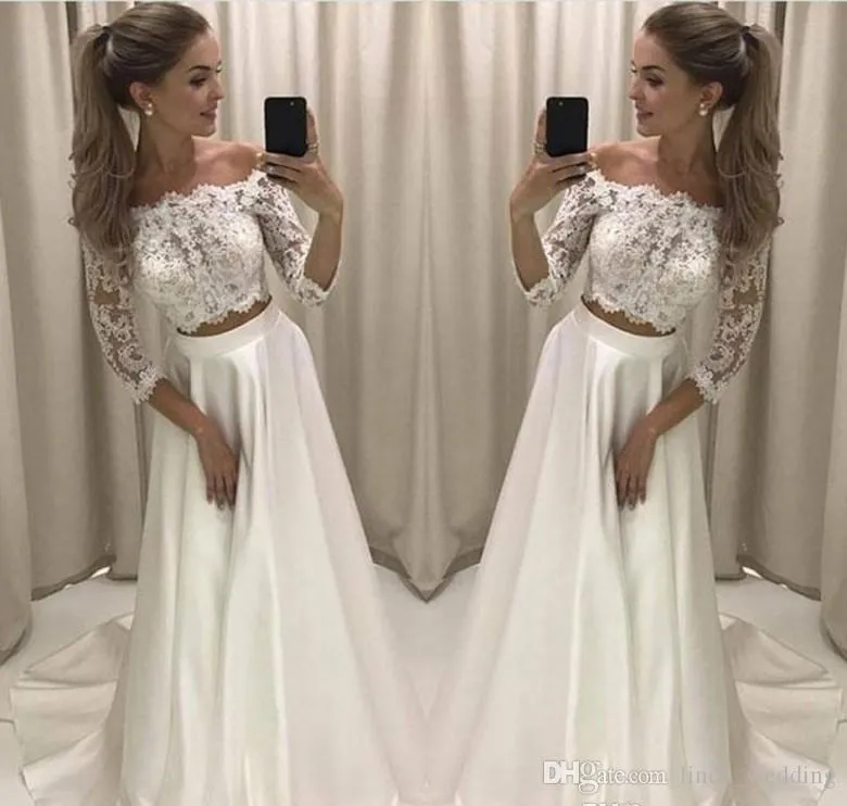 2019 New Designed Two Pieces Wedding Dress Princess Lace Top Off Shoulder Long Country Style Reception Bridal Gown Custom Made Plus Size