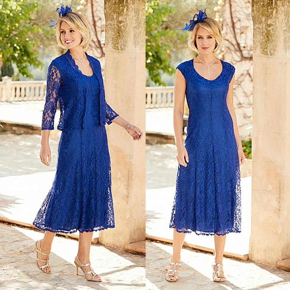 Royal Blue Tea Length Lace Mother of the Bride Dresses with Jackets Scoop Neck Wedding Guest Dress A Line Plus Size Evening Gowns